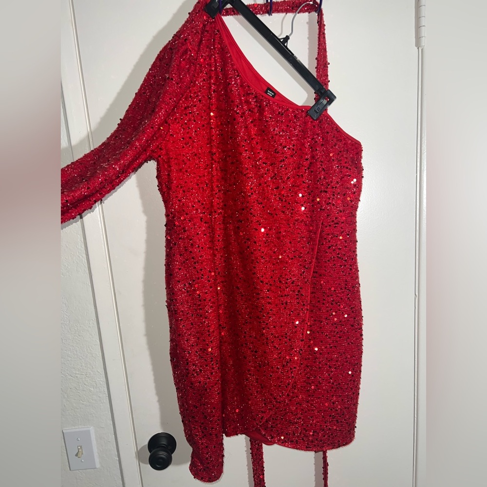 SHEIN One Shoulder Red Sequin Dress with belt
